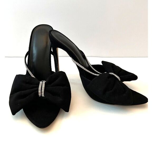 Shoes - Black Heels Satin Rhinestone Bedazzled Bow Size 39 Open Toe Wedding Holiday Shoe
